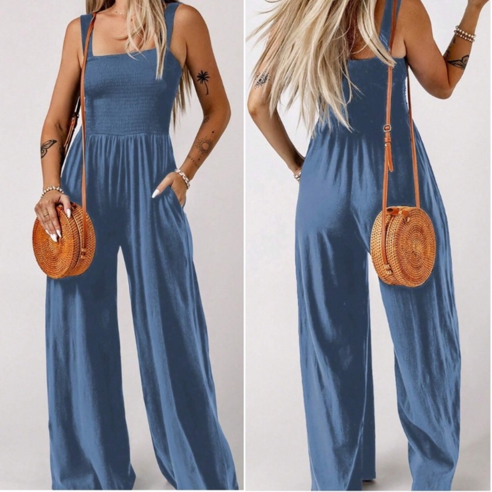 Boho smocked bodice wide leg wide straps cami jumpsuit - Picture 2 of 8